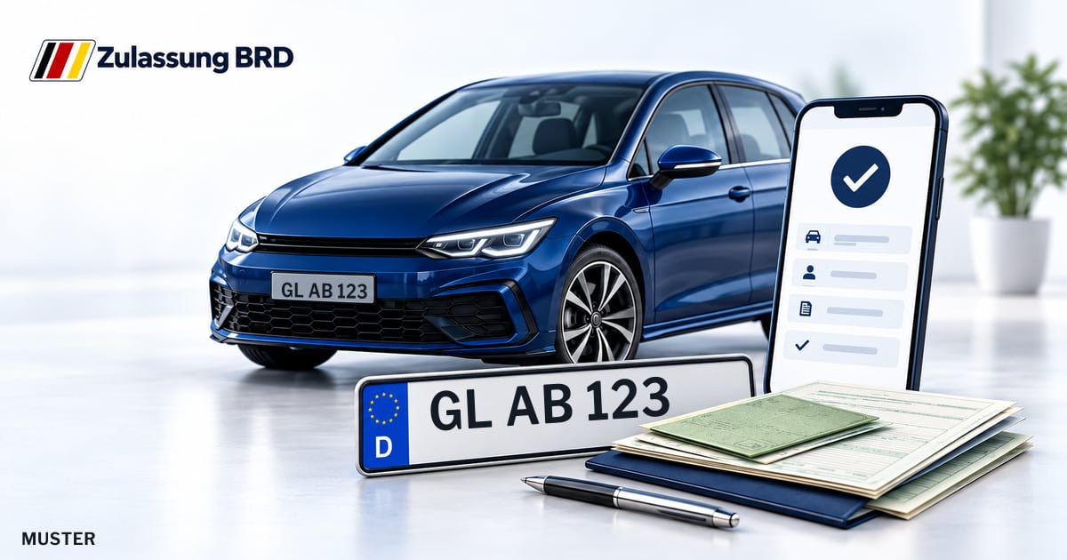 Online Fahrzeugzulassung in Burscheid: Musterkennzeichen GL AB 123, Auto und Fahrzeugpapiere und Smartphone. Illustration mit Logo von Zulassung BRD.